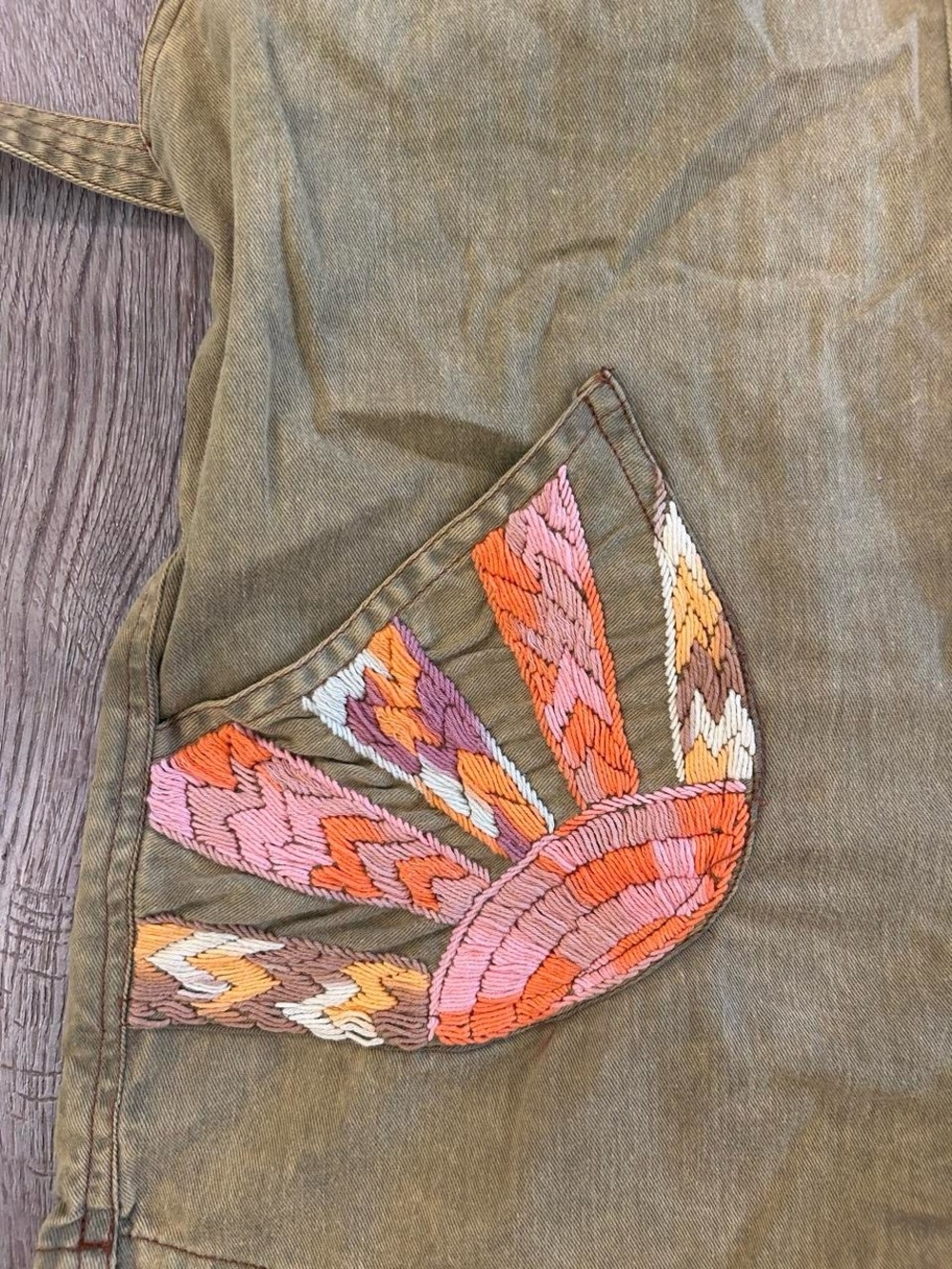 Chasing Unicorns Olive Green Denim Romper with Embroidered Waist Detail - Picture 4 of 8